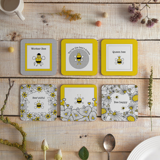 set of 6 square coasters with bee illustrations
