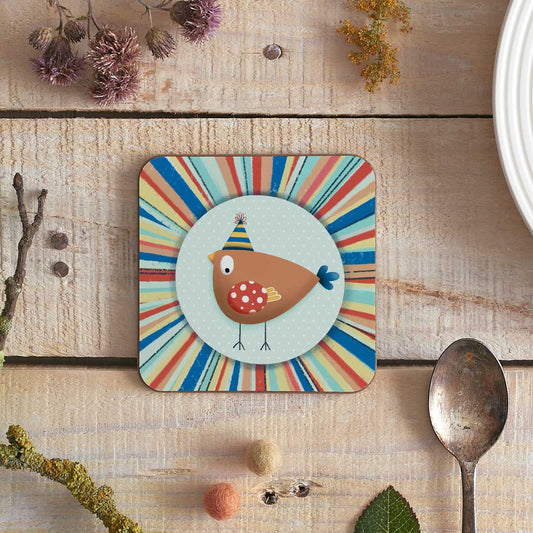 square coaster with Birdie illustration in a circle of bright colours