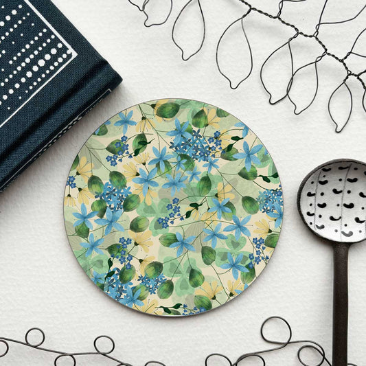 circular coaster with blue floral pattern