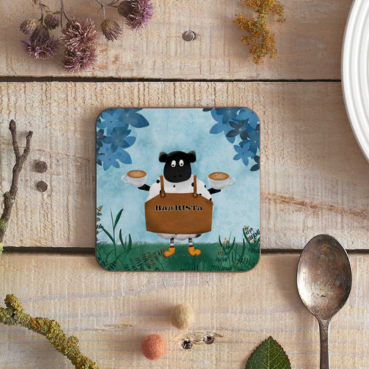 square coaster with a baa'rista sheep illustration