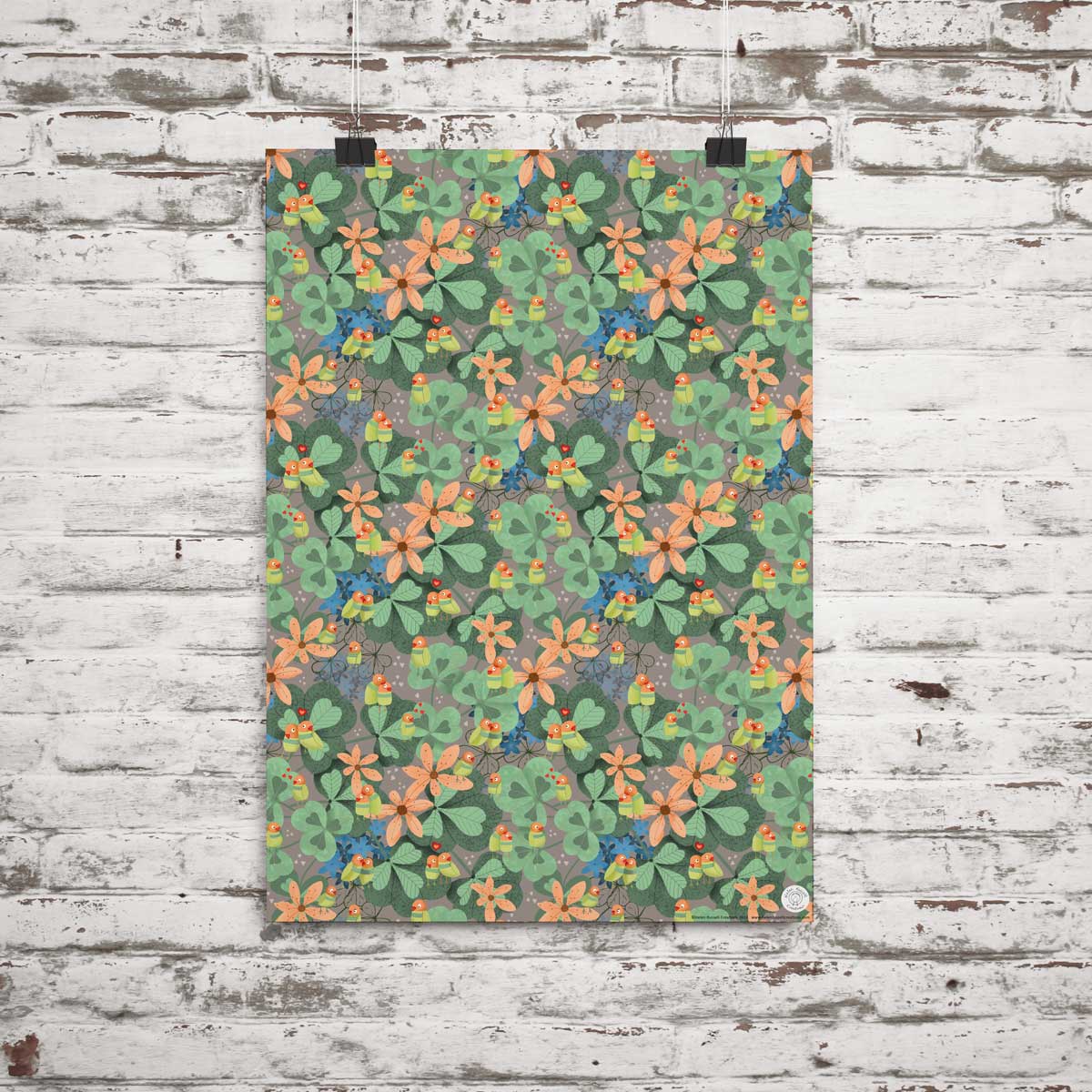 Gift wrap featuring foliage and love bird illustration