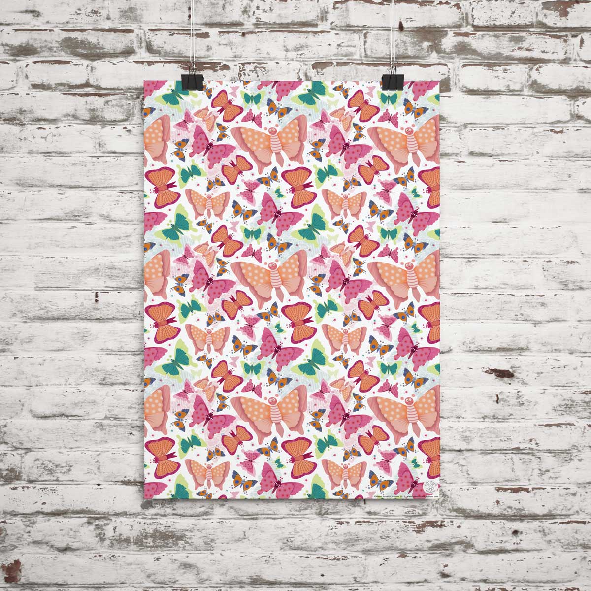Gift wrap featuring butterfly illustrations with a patchwork quilt influence