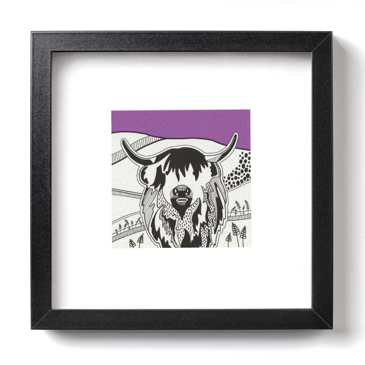 Black and white illustration of a highland cow with a hot pink sky