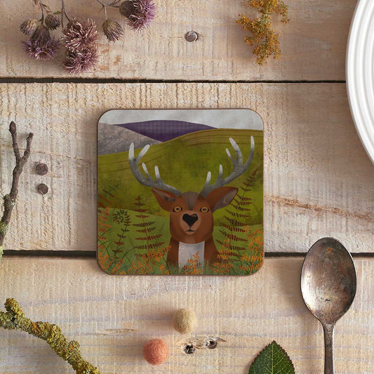 square coaster with illustration of a stag hiding in some bracken