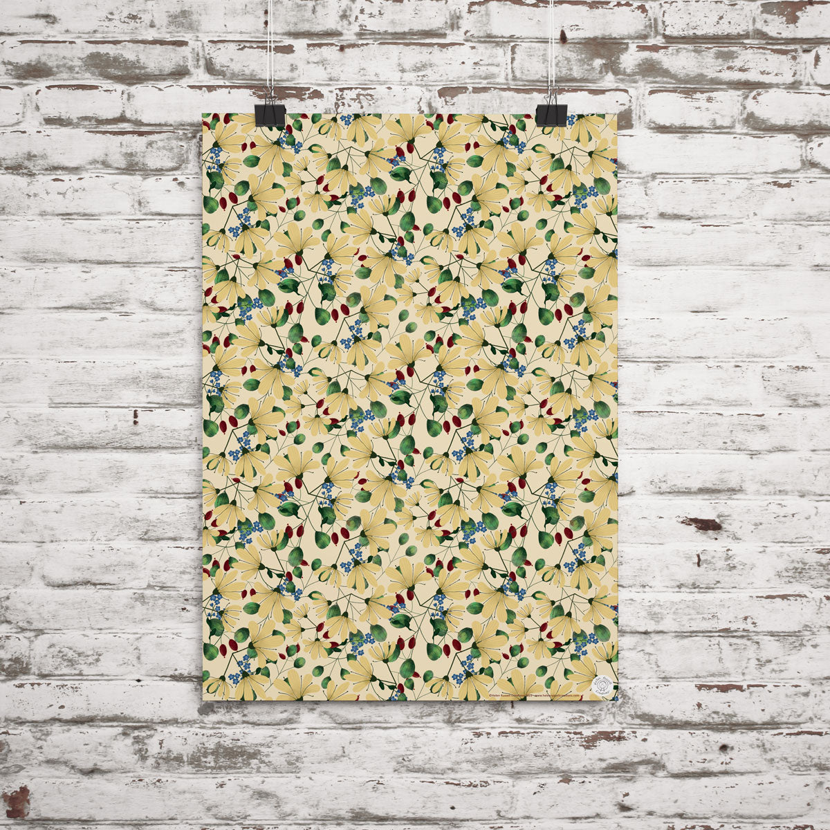 Gift wrap featuring winter style flowers and berries