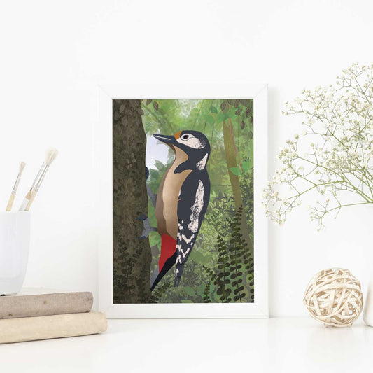 Digital illustration of a woodpecker on a tree