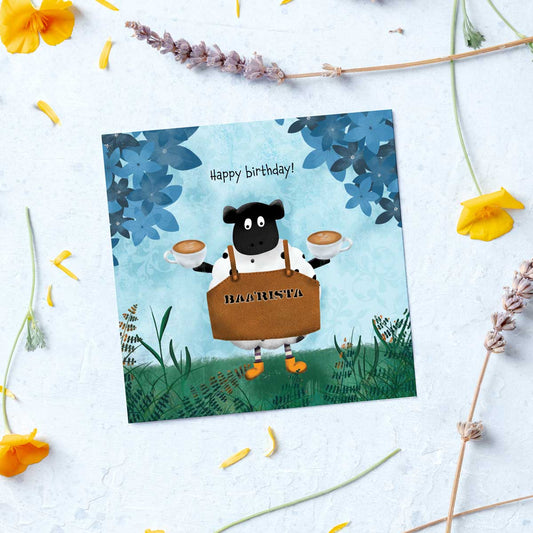 greetings card with sheep illustration wearing an apron saying baa'rista