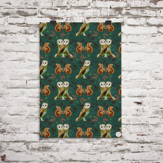 gift wrap featuring owl and red squirrel illustrations