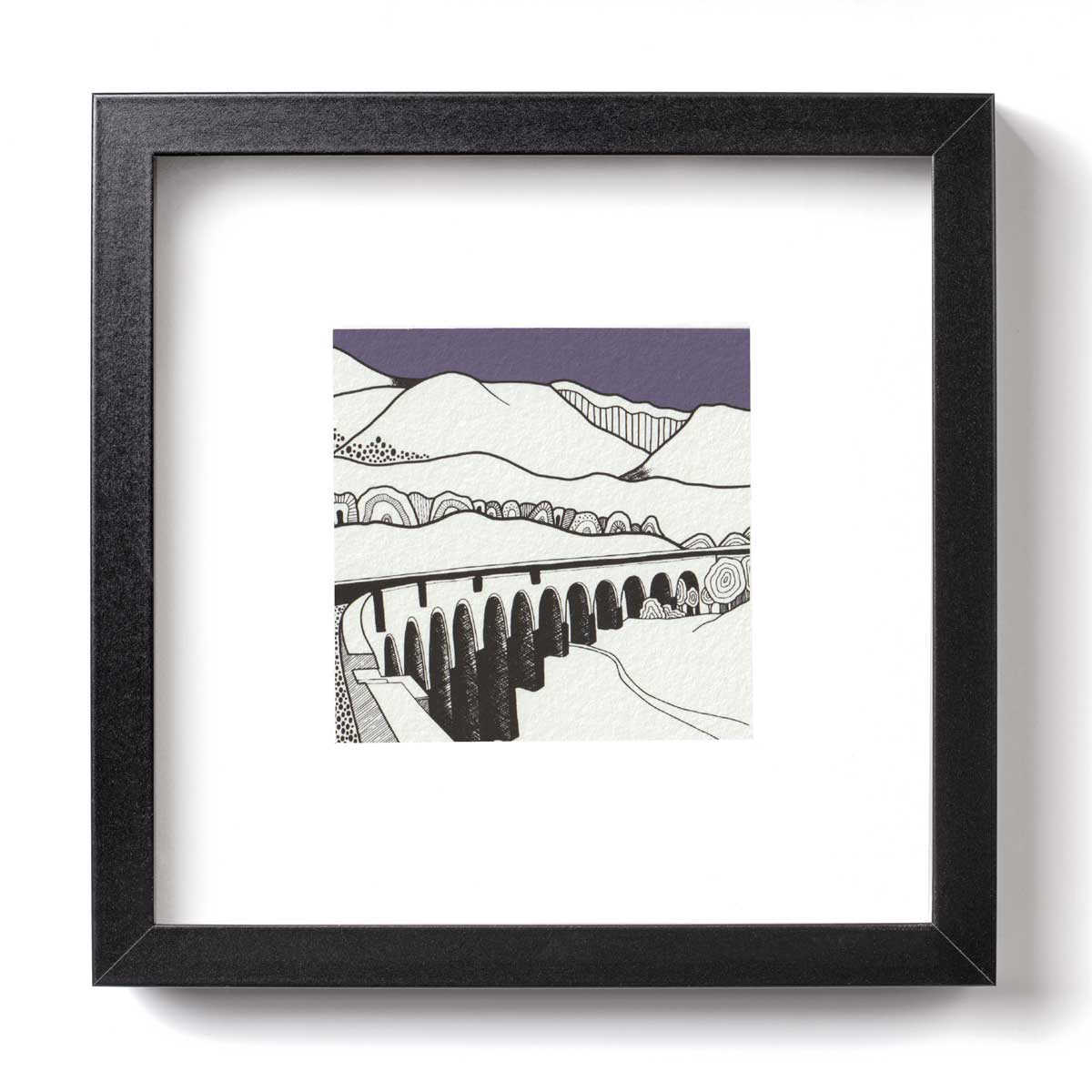 Ink drawing of Glenfinnan Viaduct with purple block colour sky