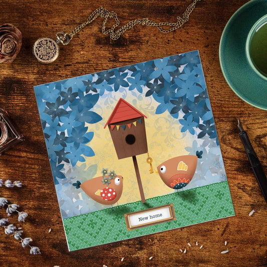 greeting card with illustration of two birdies and a bird house