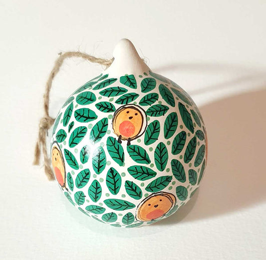 hand painted bauble with robin blob birds and green leaves