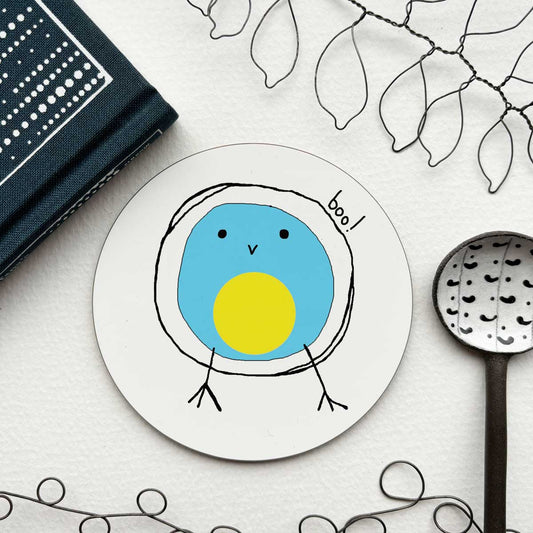 circular coaster with a Blue Tit blob bird illustration