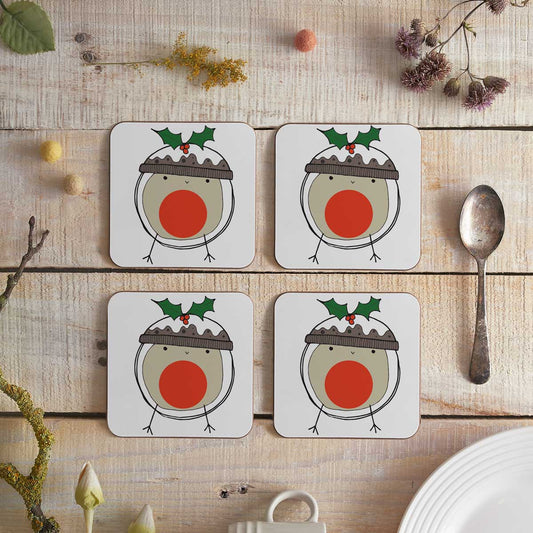 Set of 4 coasters with a robin blob bird dressed up as a Christmas pudding