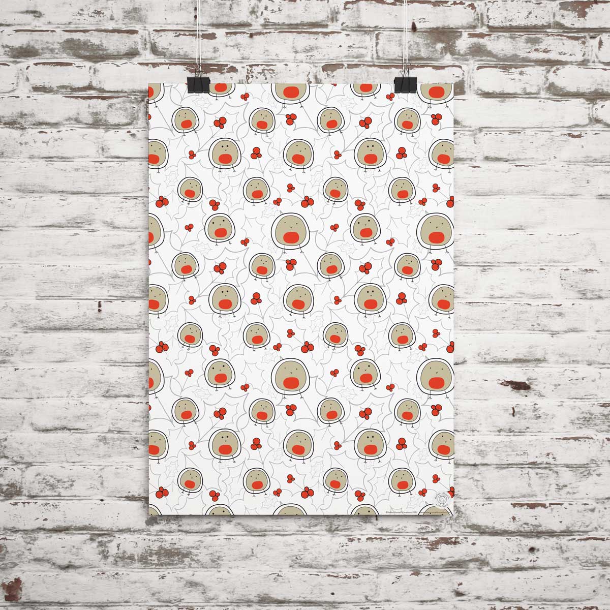 sheet of robin blob bird and holly gift wrap