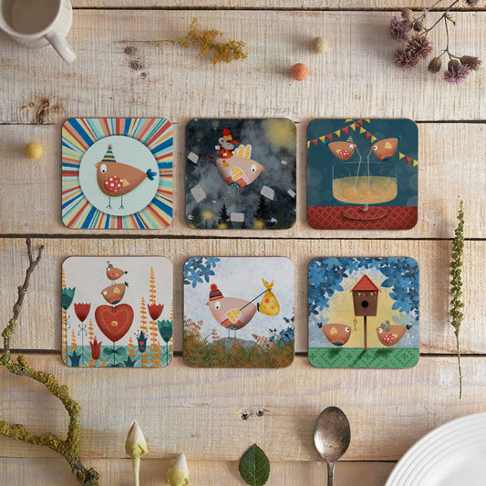 Set of six, square coasters featuring stylised Birdie illustrations