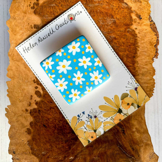 hand painted square, ceramic brooch with simple daisy pattern
