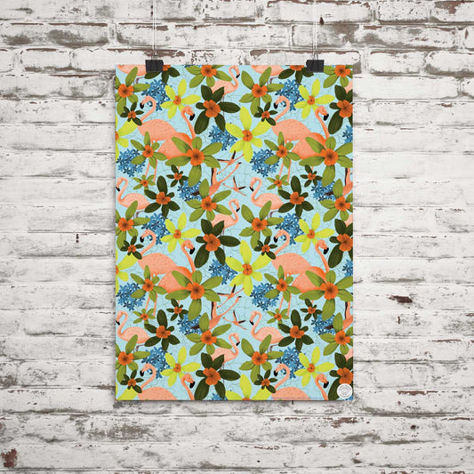 Gift wrap featuring tropical plants and flamingoes