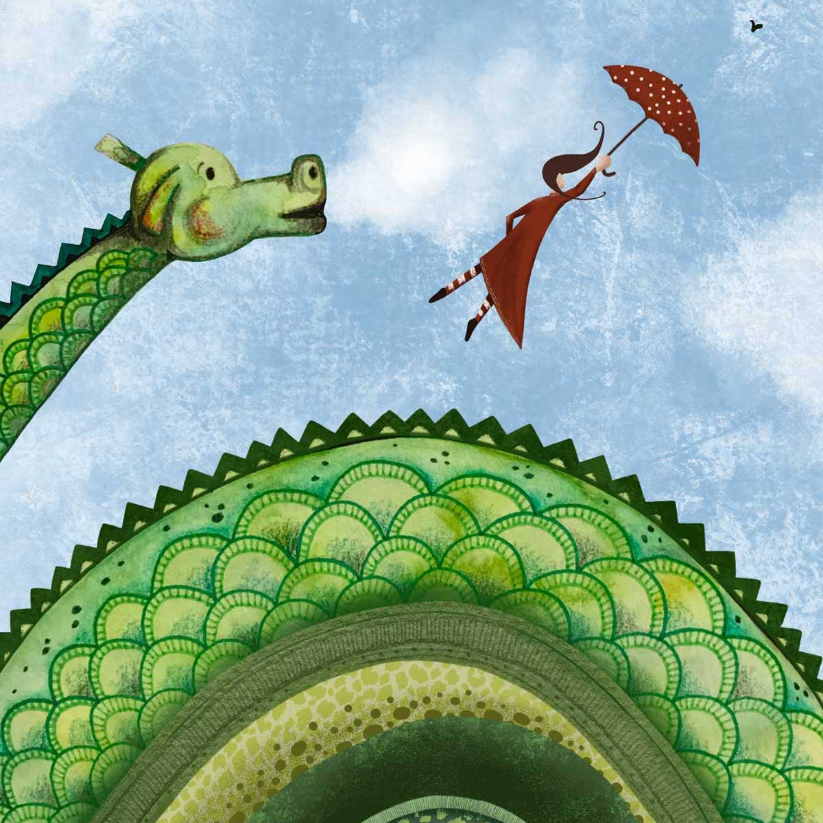 Illustration of a dragon blowing a girl holding an umbrella through the air