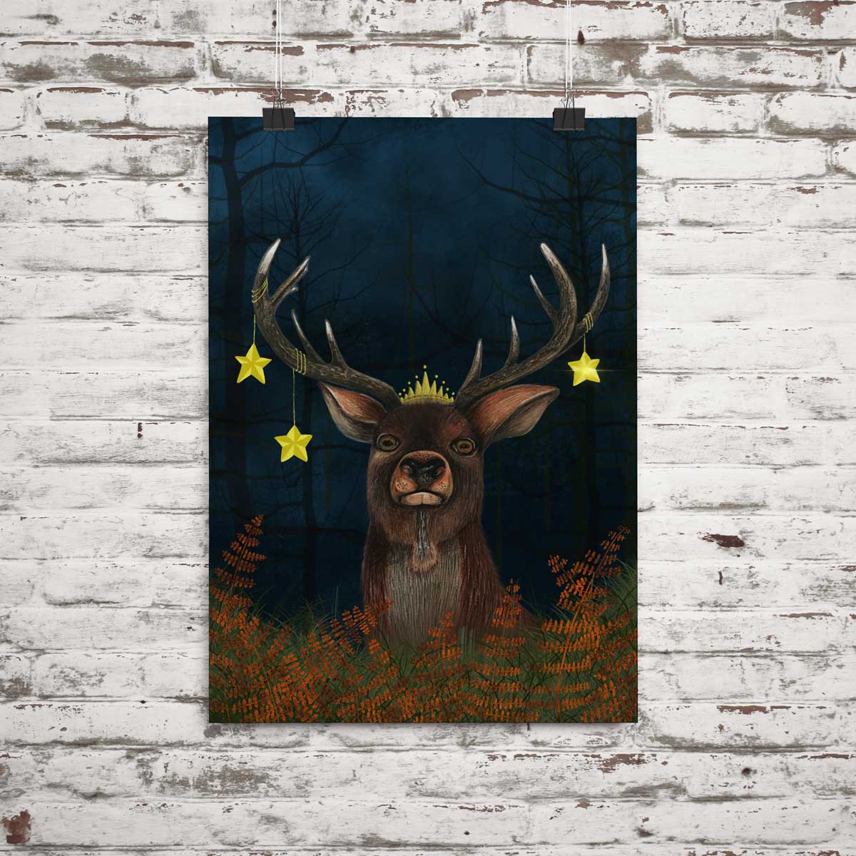 Coloured pencil illustration of a stag wearing a crown with stars hanging from its antlers 