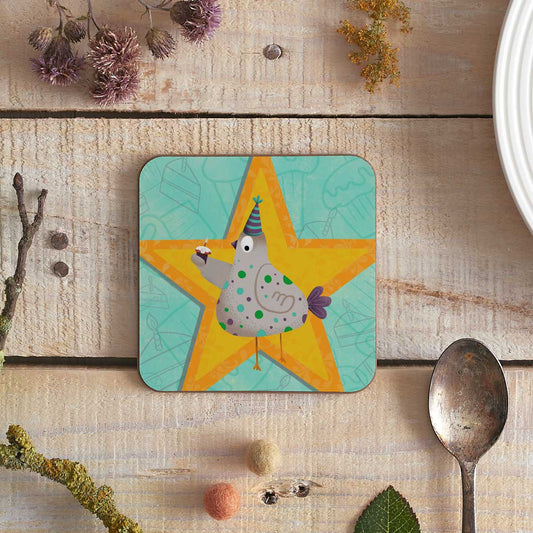 square coaster with a hen illustrated within a gold star