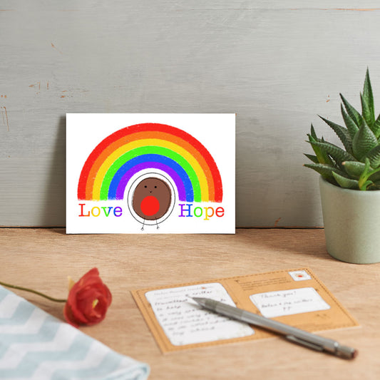 Postcard with a Robin Blob Bird, rainbow and the test Love Hope