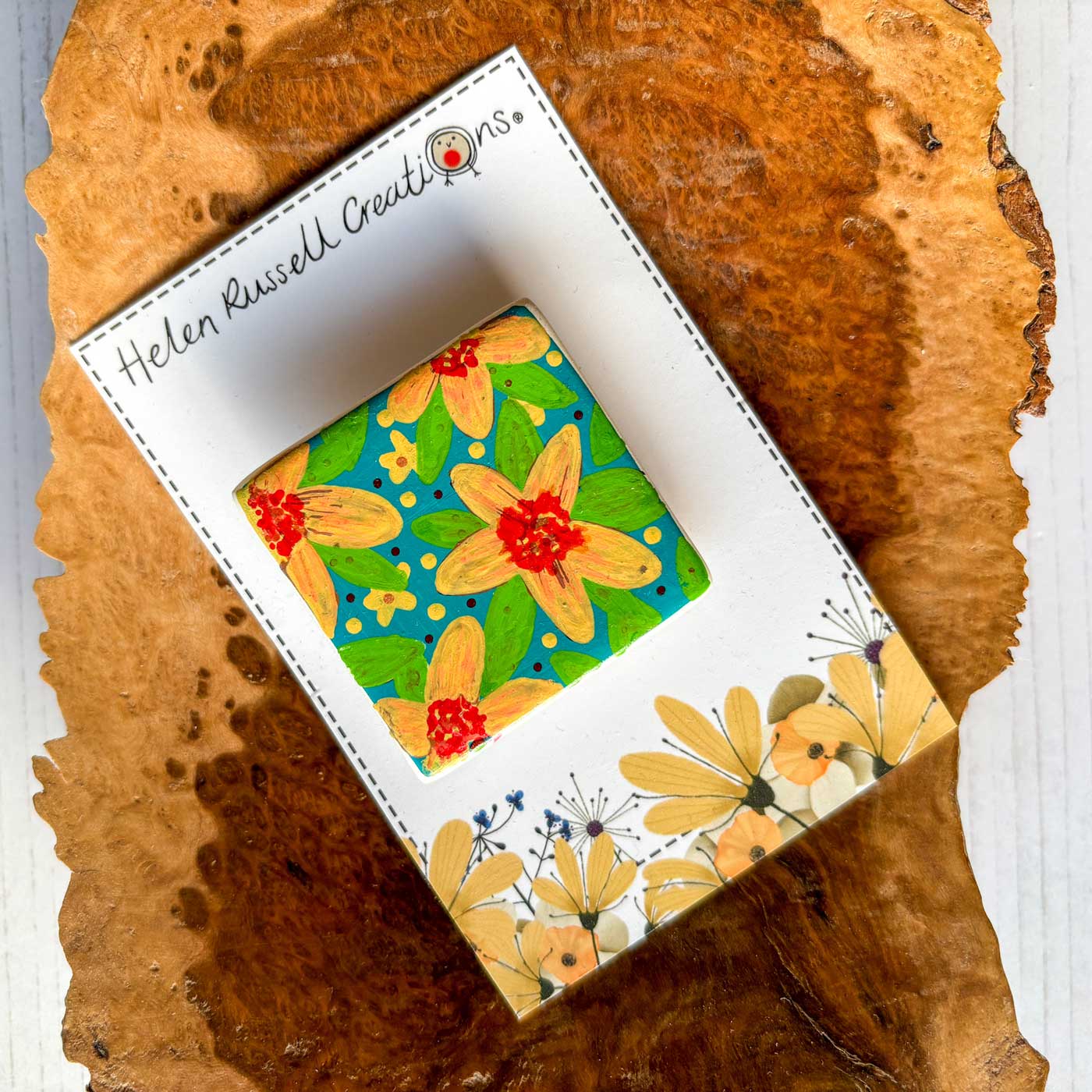 square ceramic brooch handpainted with tropical floral design