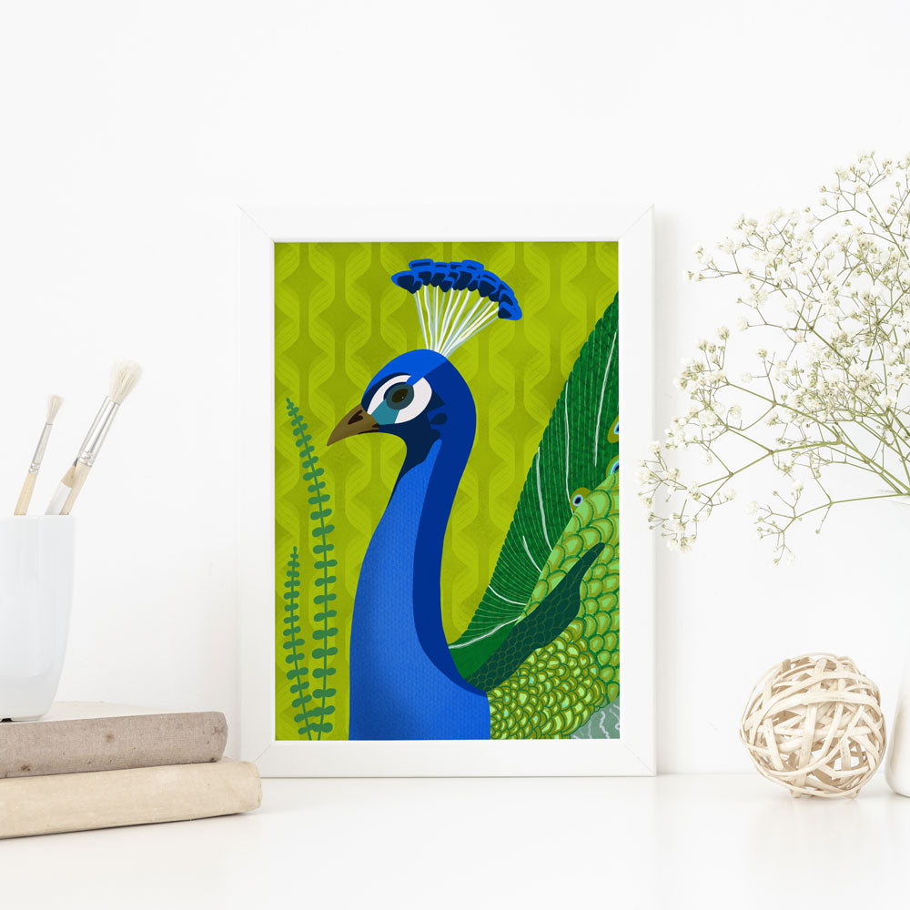 green and blue stylised peacock illustration