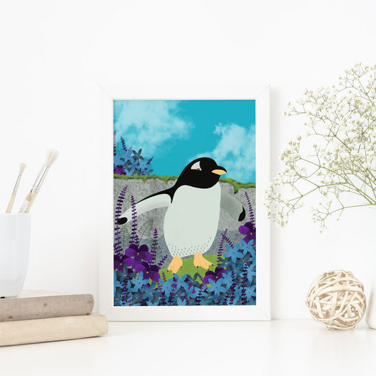 Illustration of a penguin stood amongst blue and purple flowers
