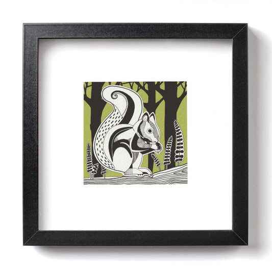 Black and white illustration of a squirrel with a lime green sky