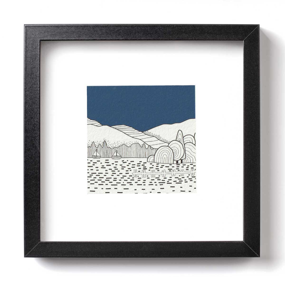 Black and white illustration of windermere with dark blue colour block sky