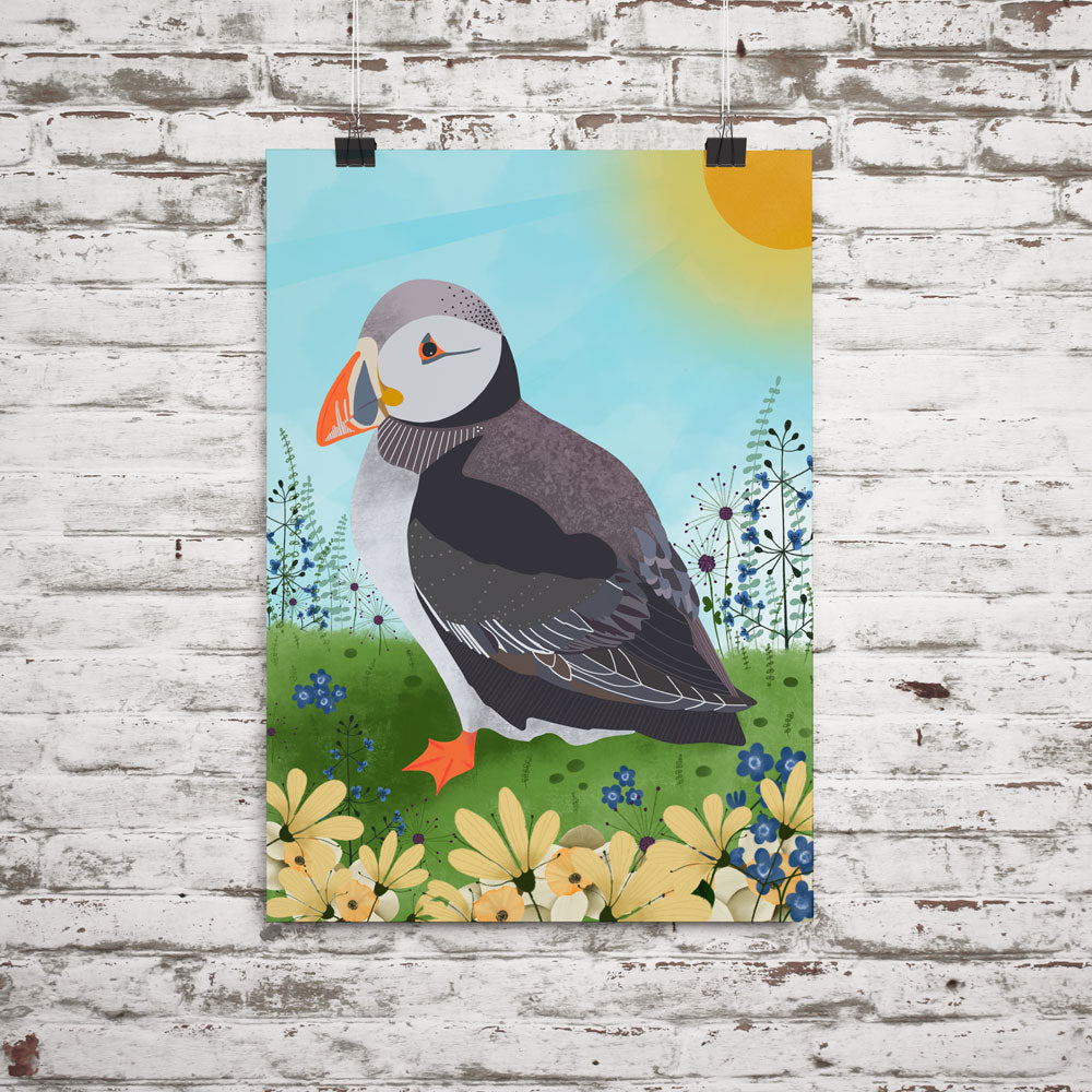 Puffin illustration shown in poster format