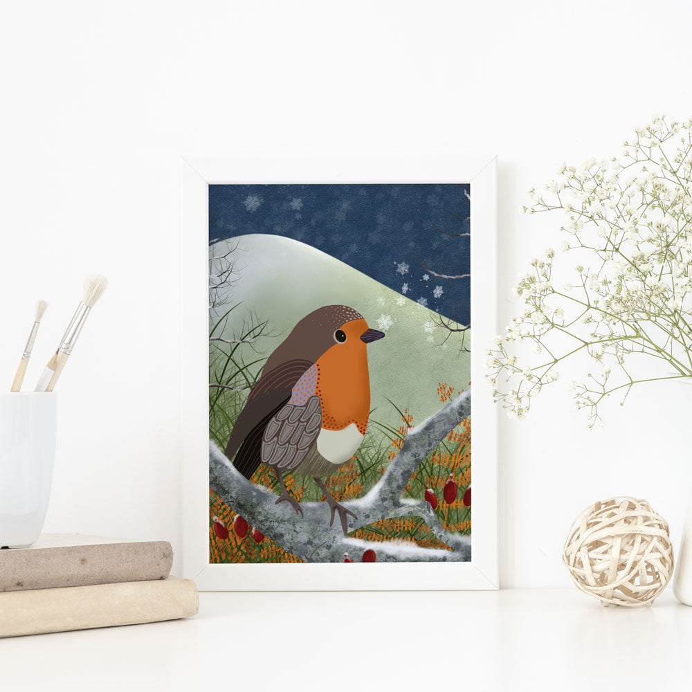 illustration of a robin in a wintery scene