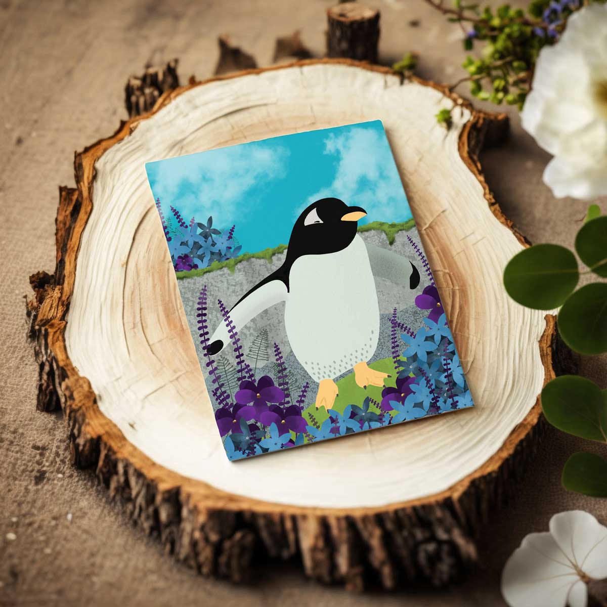 A6 greeting card with penguin illustration
