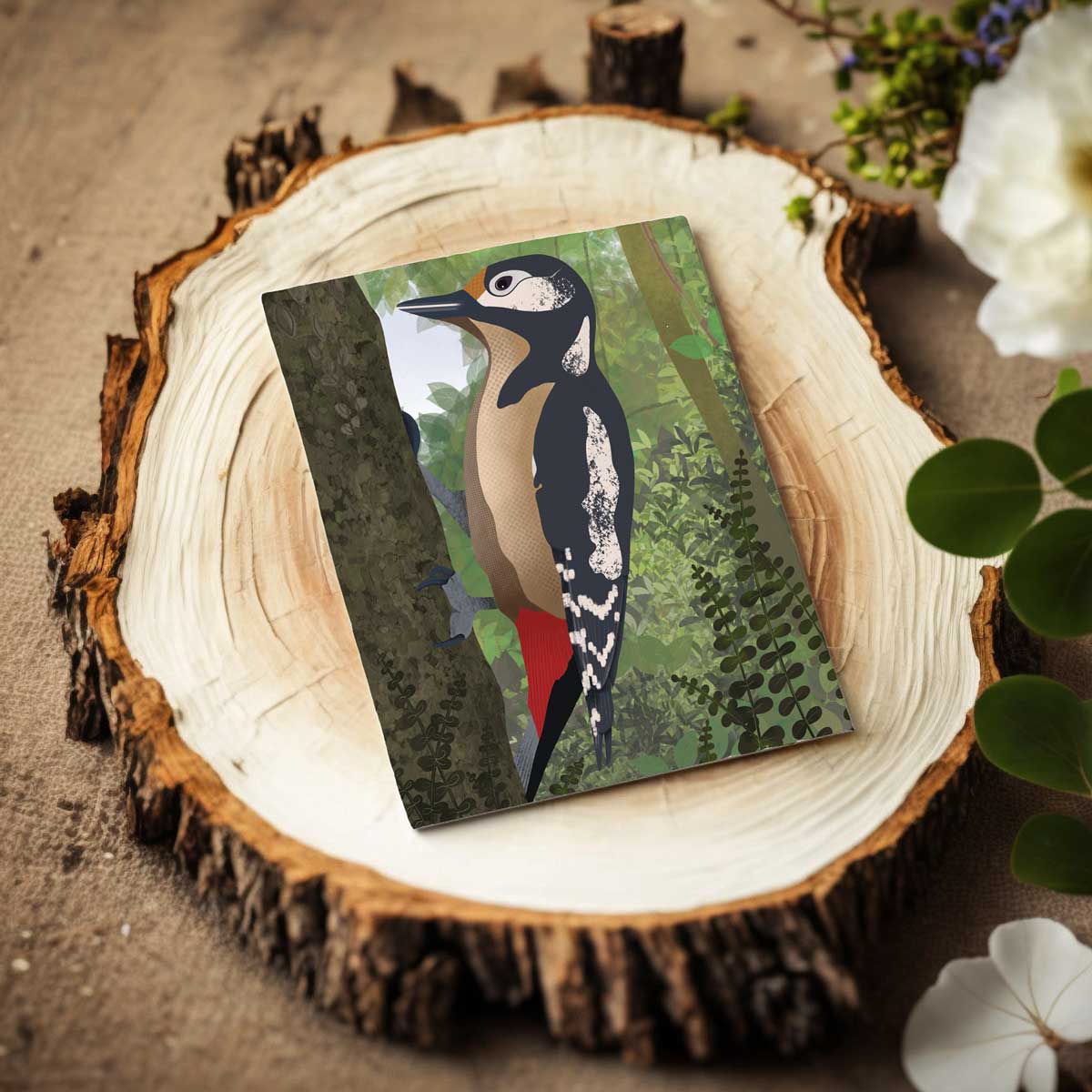 A6 greeting card with woodpecker illustration
