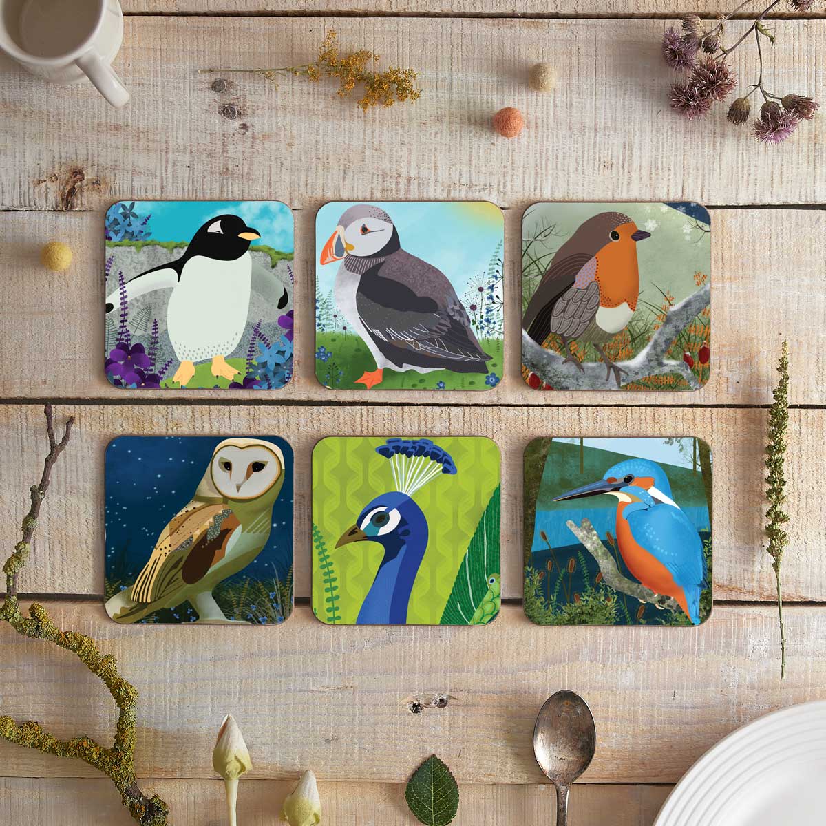 set of 6 coasters featuring wild bird illustrations