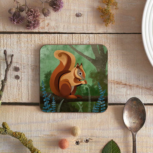 square coaster with illustration of a red squirrel