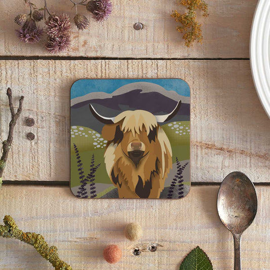 square coaster with highland cow illustration