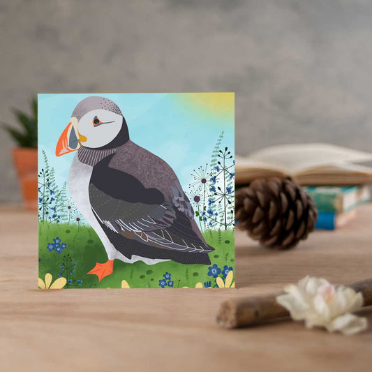 greeting card with puffin illustration
