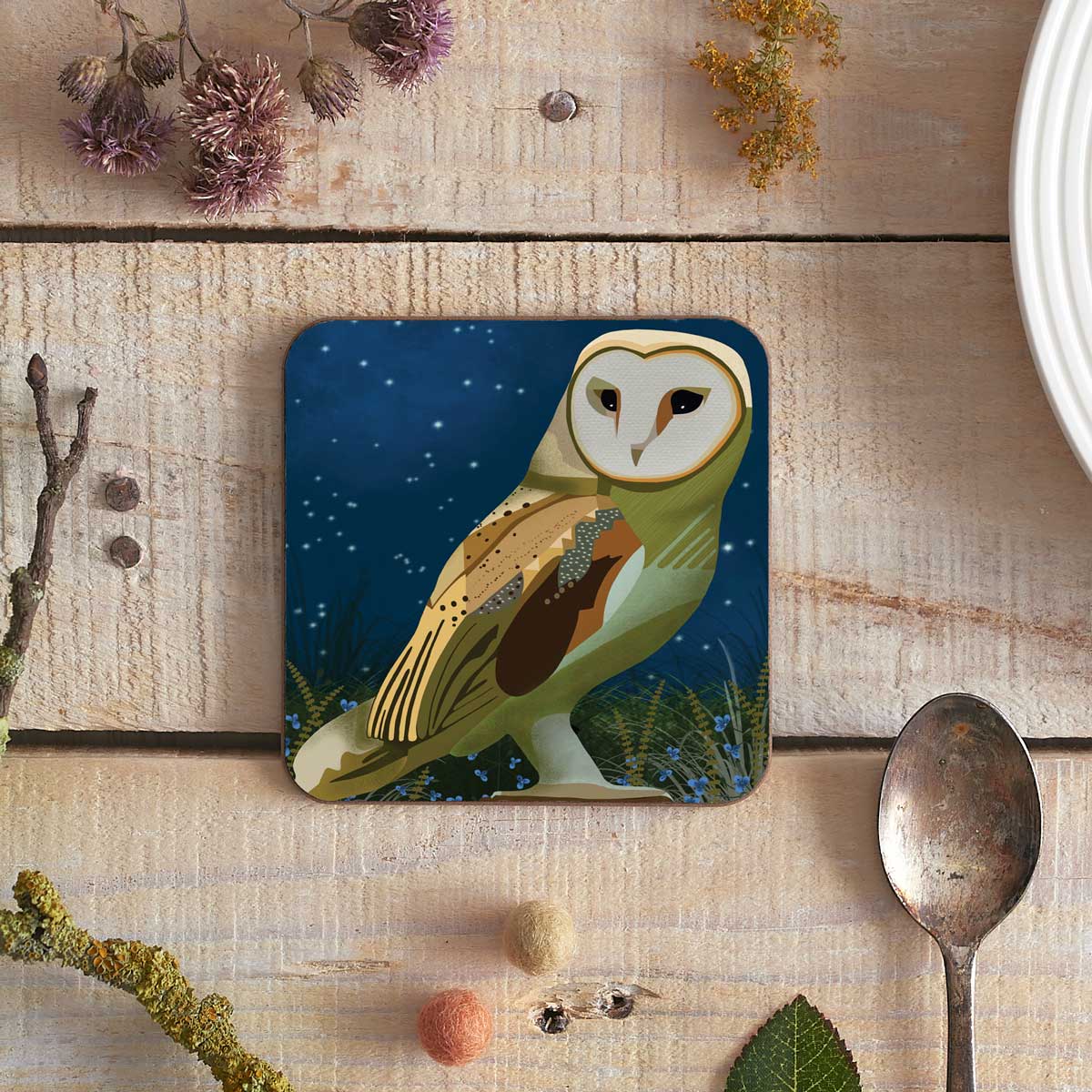 square coaster with owl illustration