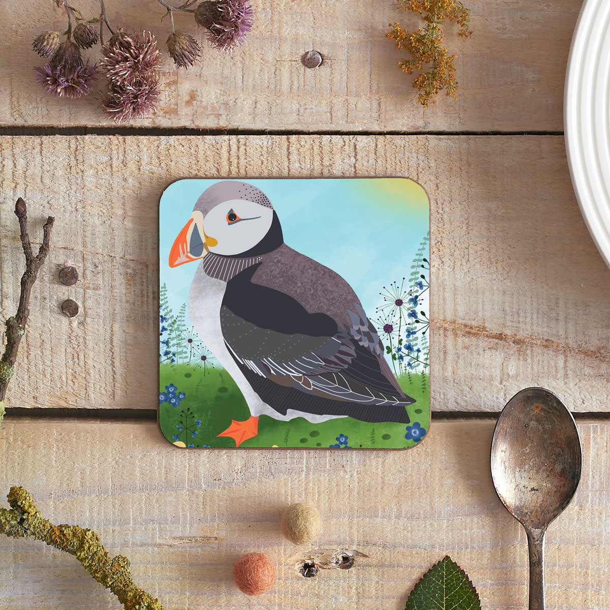 square coaster with puffin illustration