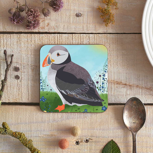 square coaster with colourful puffin illustration