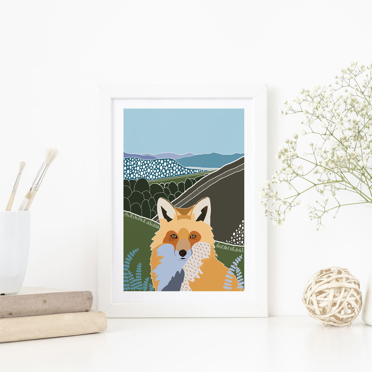 Graphic style illustration of a fox on a hillside