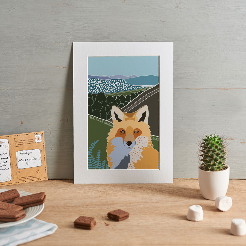 Graphic style fox illustration shown in a home setting