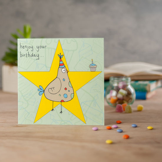 square card with a hen illustration and the caption enjoy your birthday